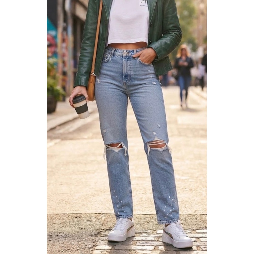 Zara Womens Light Wash Distressed High Rise Straight Leg Jeans Size 8 30